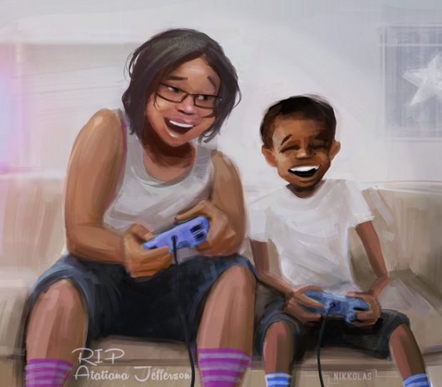 “I wanted to paint the last thing that #AtatianaJefferson was doing before she was killed by the cops. Her life mattered.”