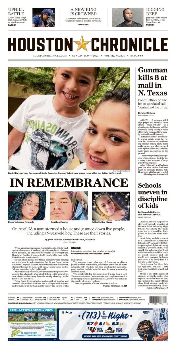 The front page of today’s Houston Chronicle: Remembering the victims of one Texas mass shooting while reporting on a new one.