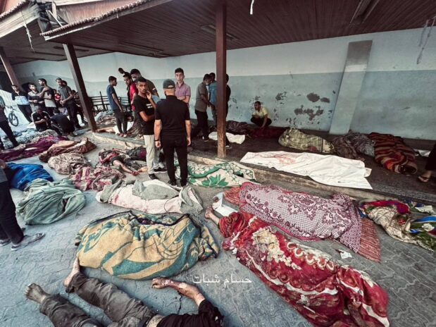 Over 100 people killed, mostly women and children. At a school. Massacred. How is there no arms embargo on Israel? How do the people who express horror and revulsion when Putin and Assad do this sit silently by as Netanyahu does it? Don’t look away: