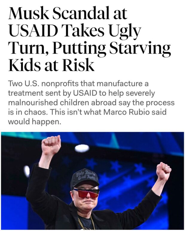 Elon Musk is the richest man in the world. He could be a philanthropist, end world hunger. He could donate to hospitals, fund cancer research, build schools, start scholarships. Instead he delights in firing people and denying food to starving kids.