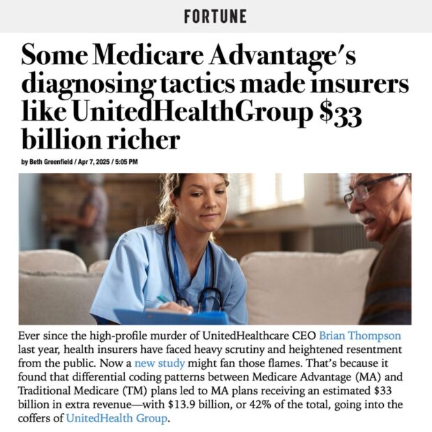 Private health insurers stole $33B in revenue by defrauding Medicare, with UnitedHealth alone taking $13.9B. Instead of their CEOs getting prison, their companies get tax breaks. Elon isn’t targeting this fraud & waste because it helps oligarchs and holds down the working class