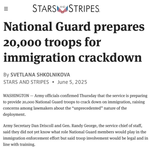 ICE is denying people the right to due process, abducting and trafficking them to foreign countries and locking them up indefinitely in dangerous prisons. Now they’re preparing the military to deploy on US soil and in our communities to help. This is authoritarianism.